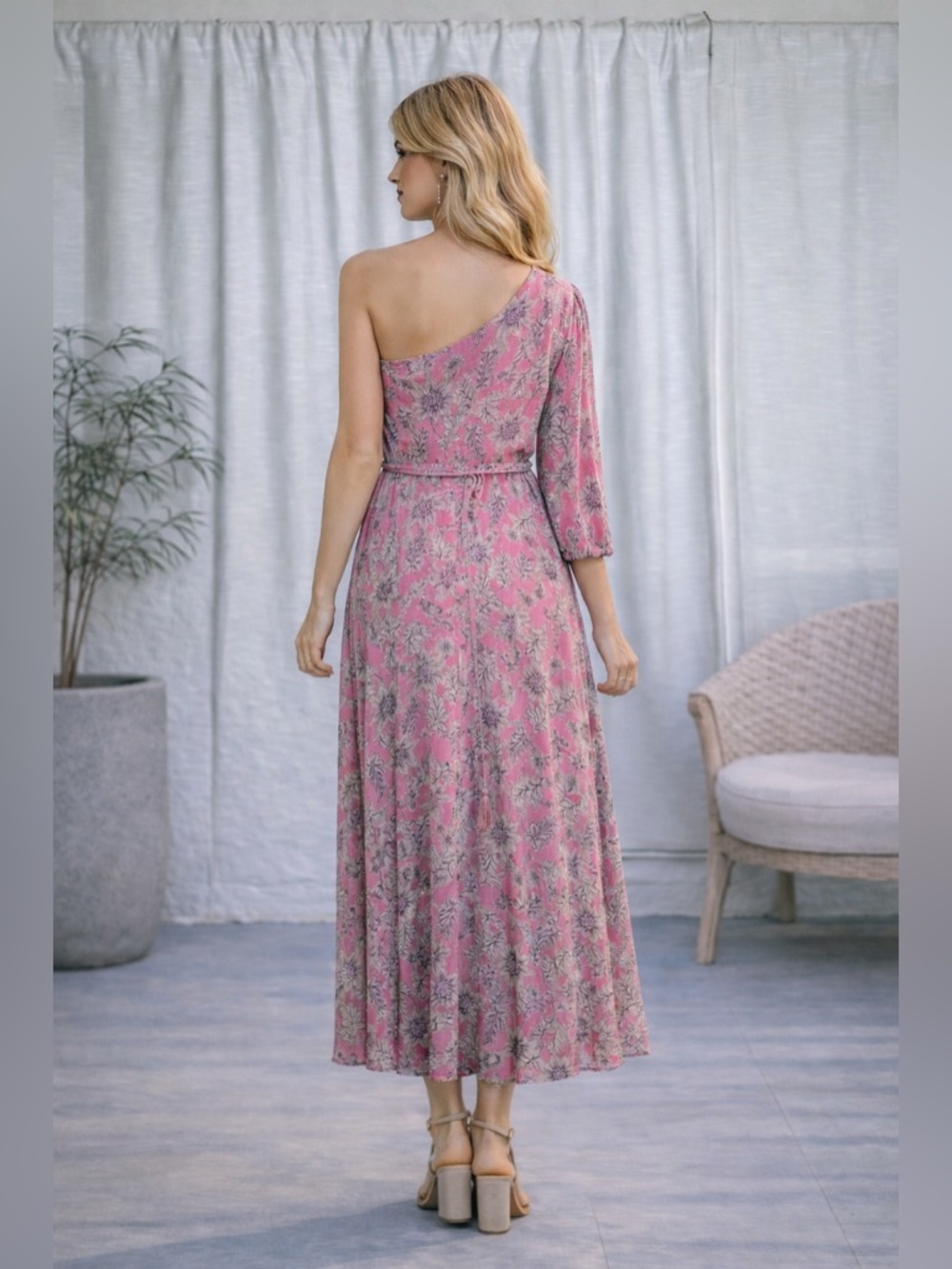Taylor Pink Floral One Shoulder Midi Dress | Size 6 - Picture 3 of 12